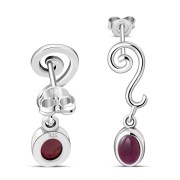 Swirling Ethnic Dangling Drop Stud Silver Earrings w/ Garnet Stone - e166